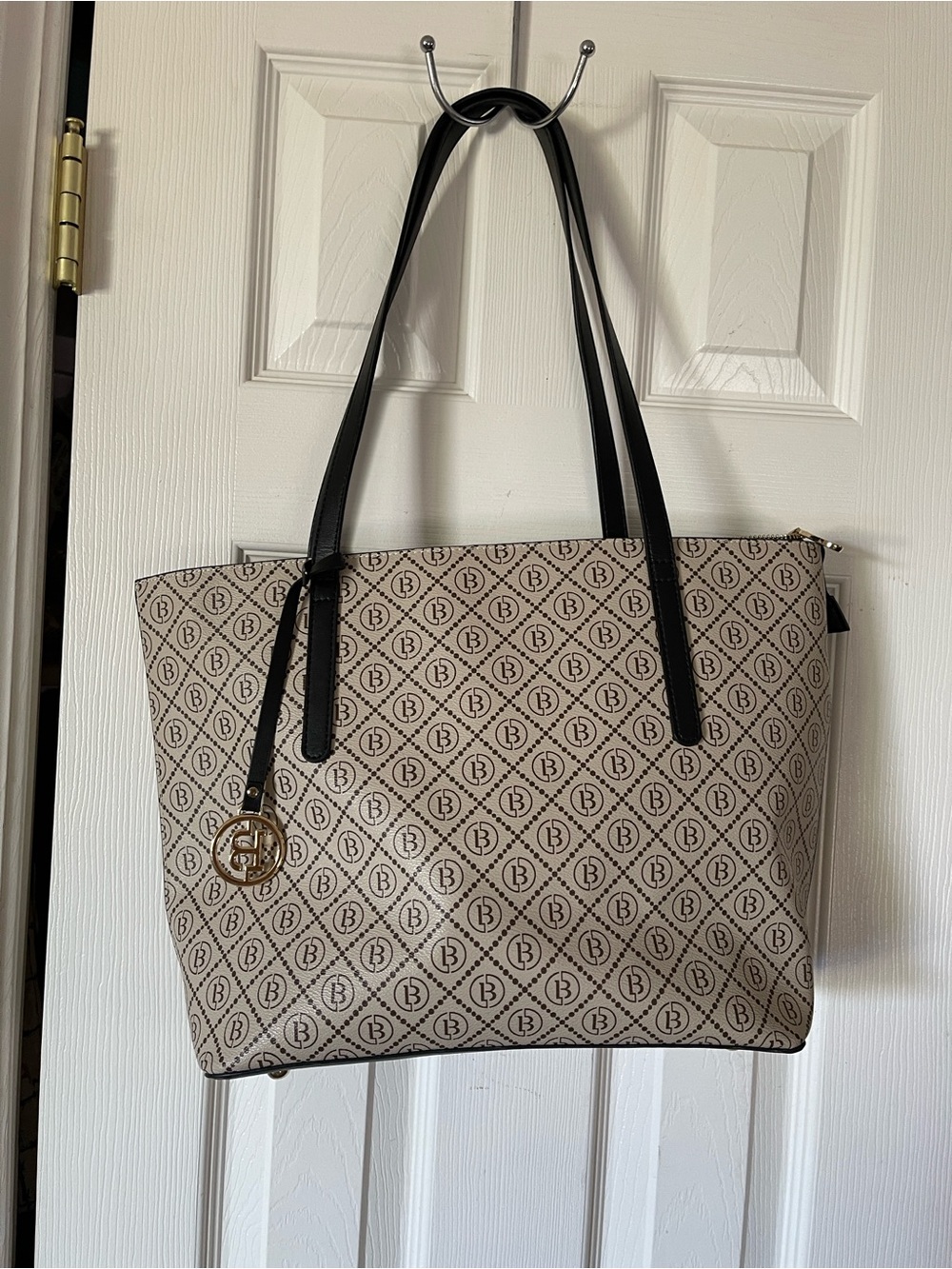 Beige Monogram Tote with Black Handles